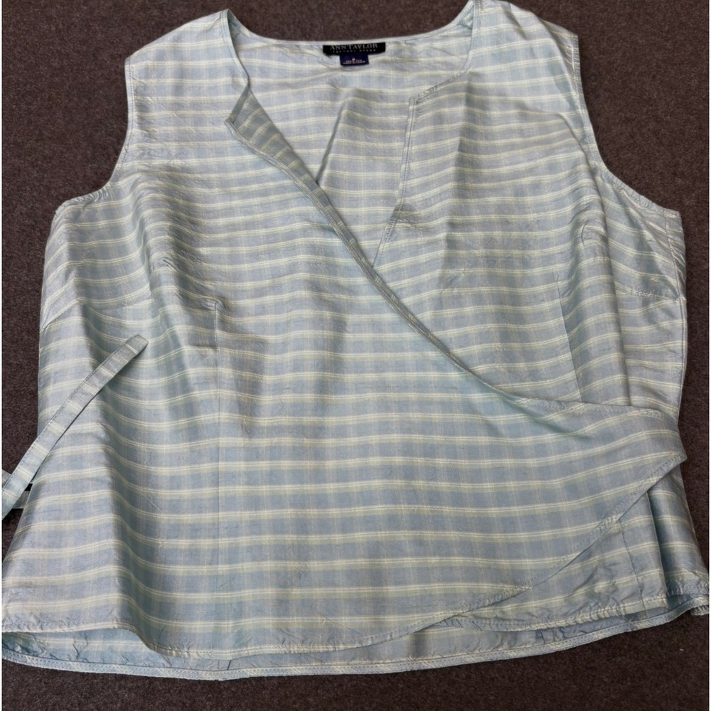 Ann Taylor Factory 100% Silk Plaid Wrap Sleeveless Top Blue White Size 8